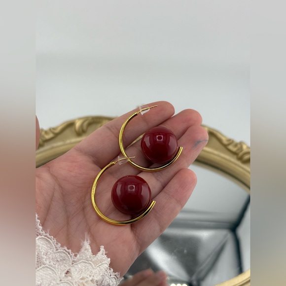 Gold Hoop Earrings with Burgundy Red Bead – Modern Statement - Picture 6 of 9